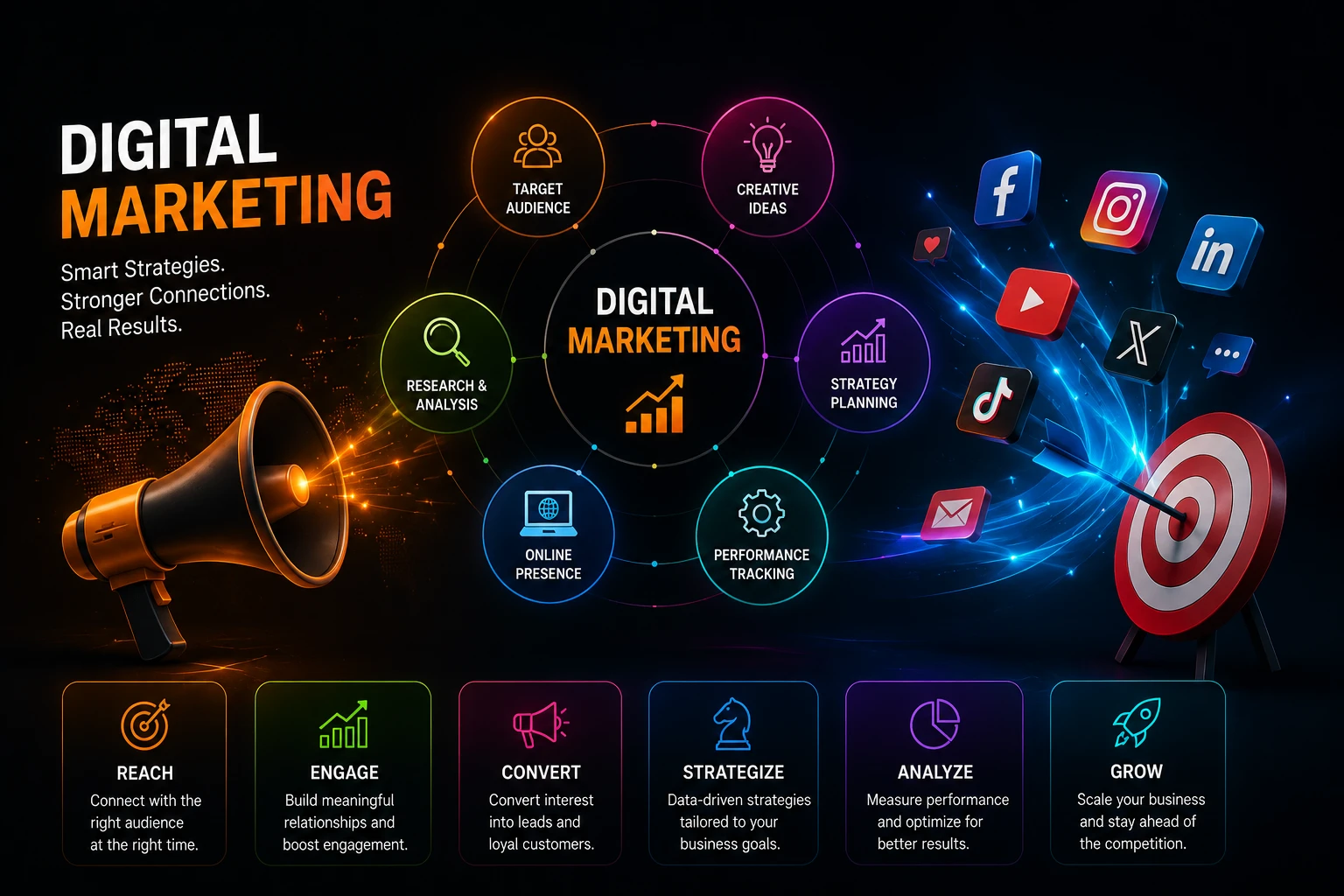 Digital marketing strategy illustration showing online advertising, analytics, email campaigns, and brand growth across multiple platforms.