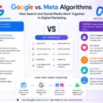 Illustration of Google search algorithm and Meta social media algorithm showing differences between SEO ranking and social media content engagement
