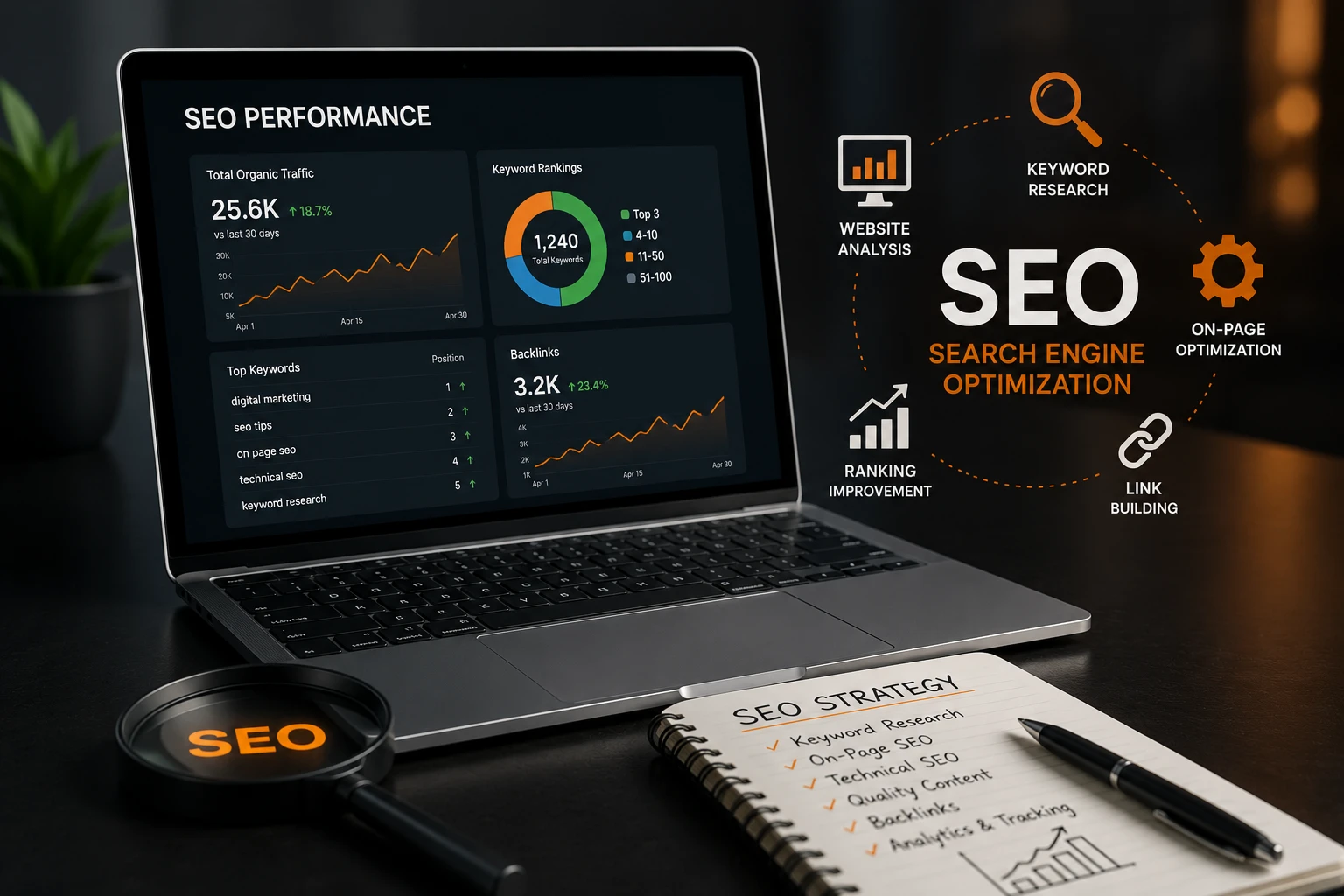 Search engine optimization concept showing website ranking improvement through keyword strategy, analytics, and organic traffic growth.