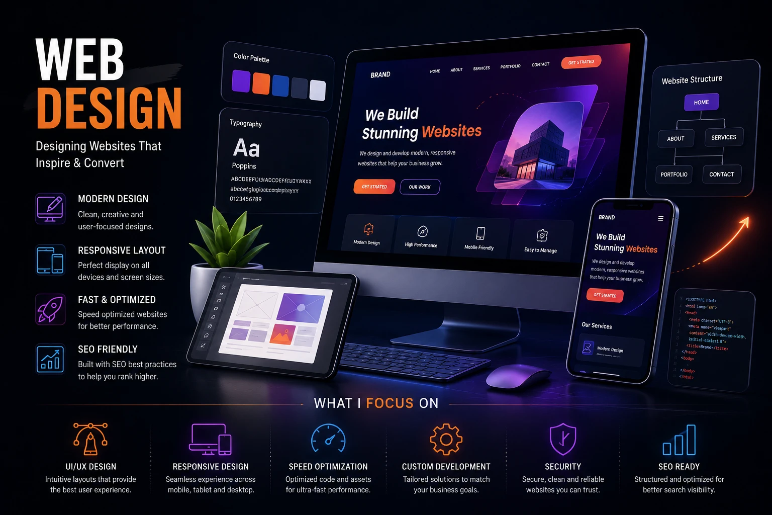 Modern web design illustration representing responsive website development, user experience (UX), UI design, responsive layouts, and SEO-friendly websites.
