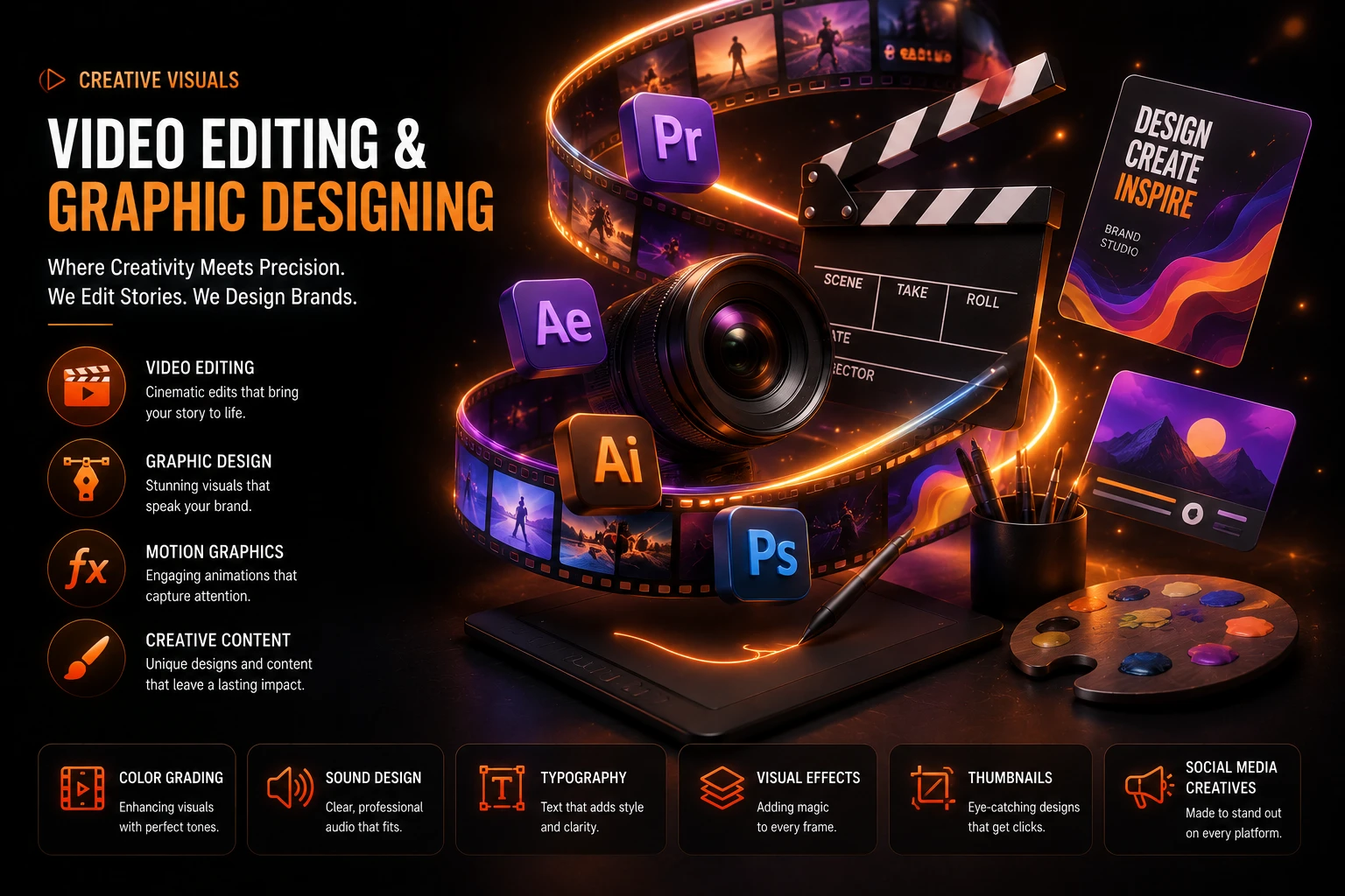 Creative illustration representing video editing and graphic design services with motion graphics, branding, visual storytelling, and digital content creation.